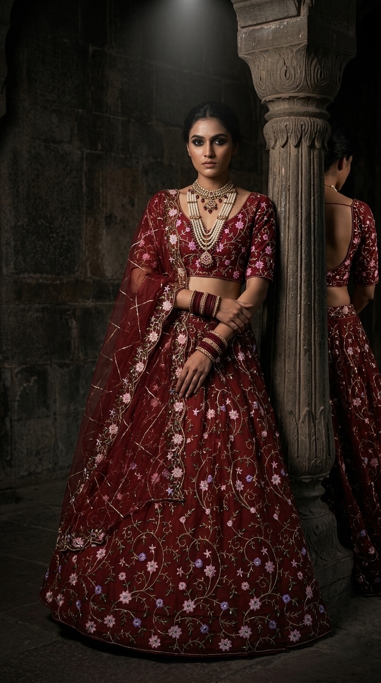 Red Floral Embroidered Lehenga Set