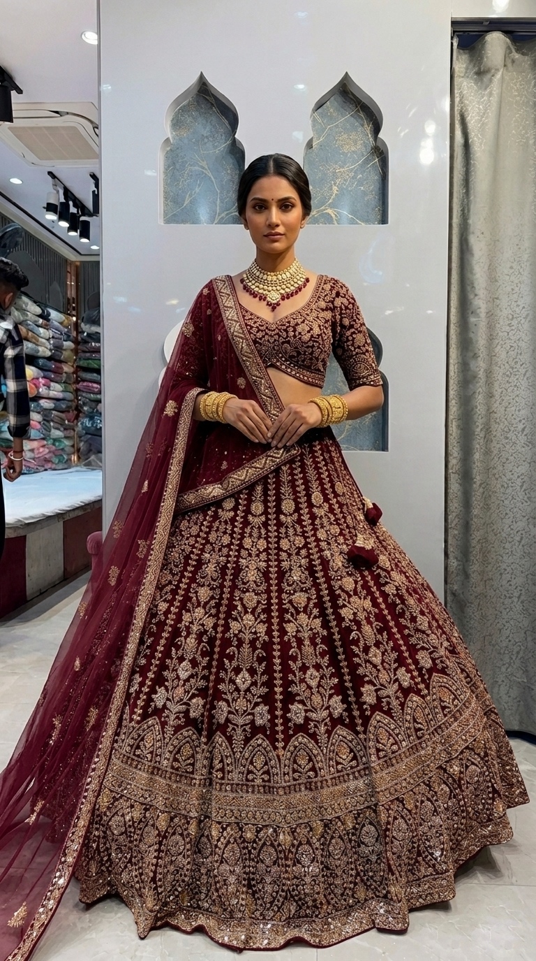 Maroon Gold Embroidered Lehenga Set