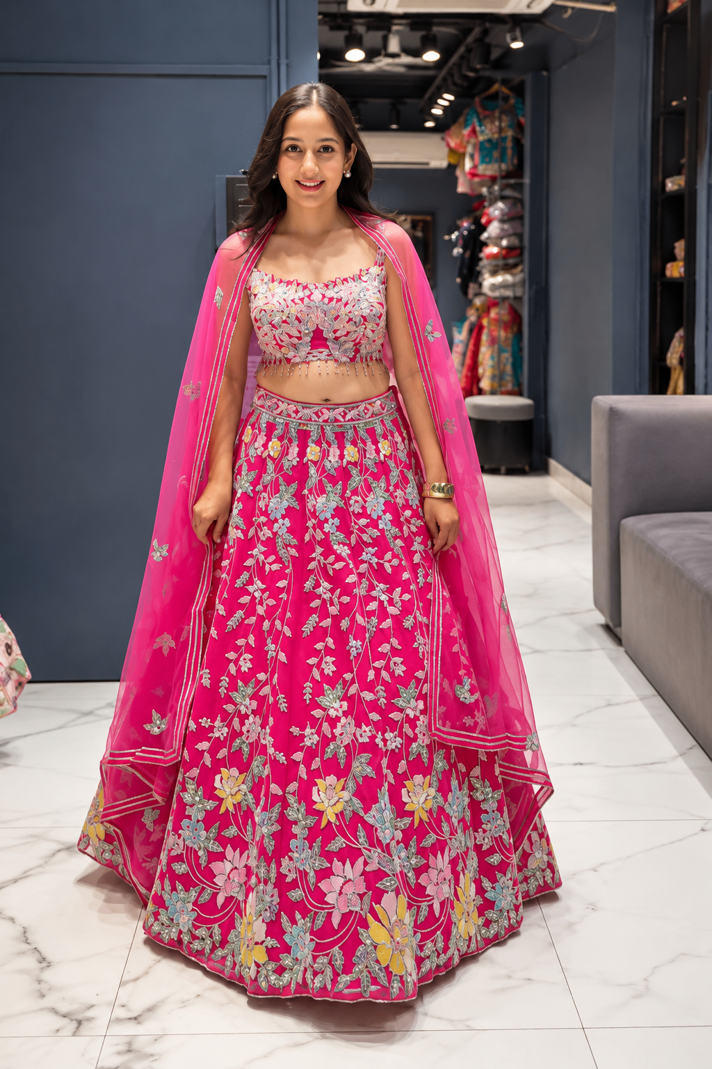 Rani Pink Floral Embroidered Lehenga Set
