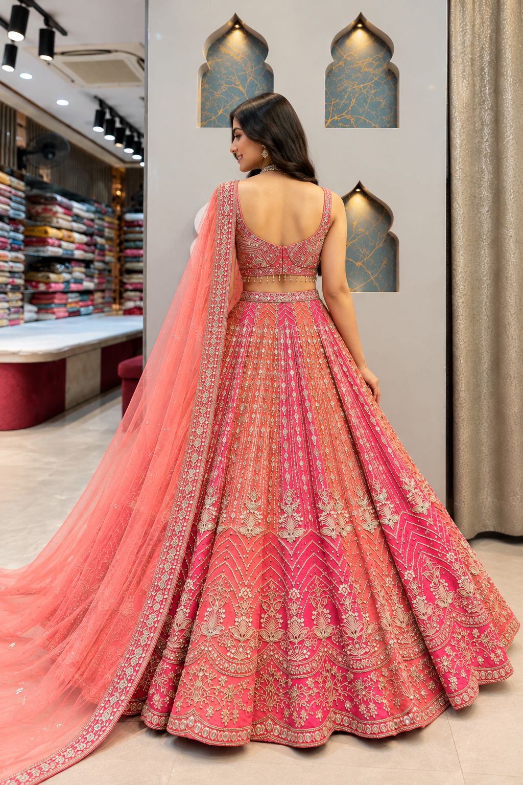Coral Pink Mirror Work Embroidered Lehenga — photo 2