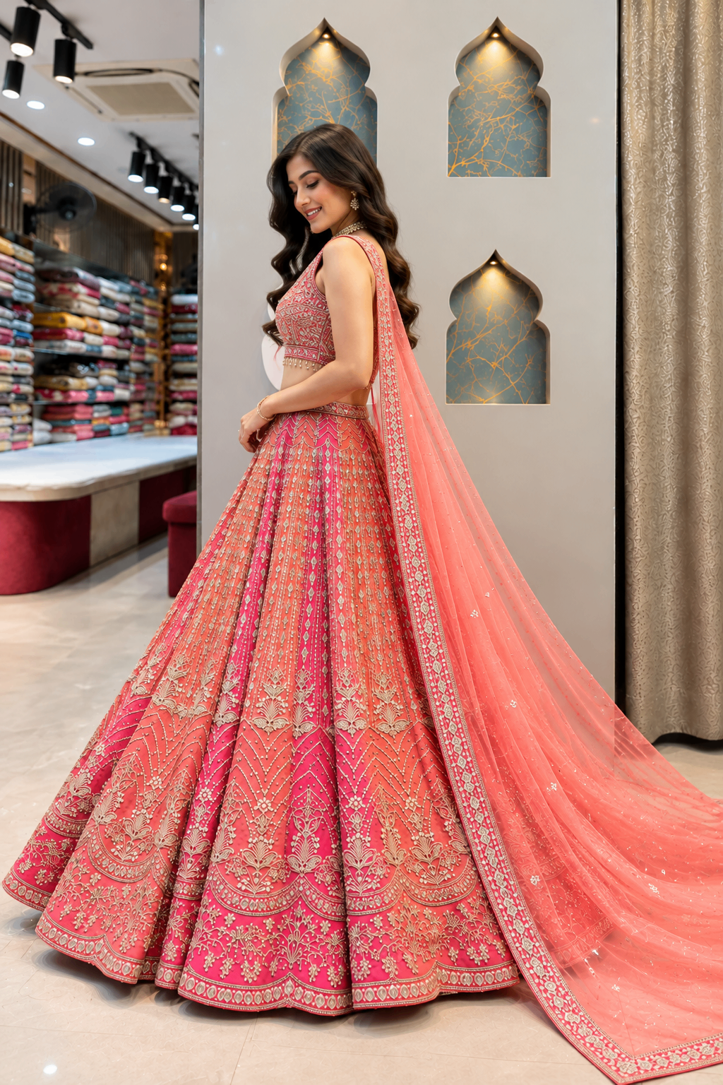 Coral Pink Mirror Work Embroidered Lehenga — photo 3