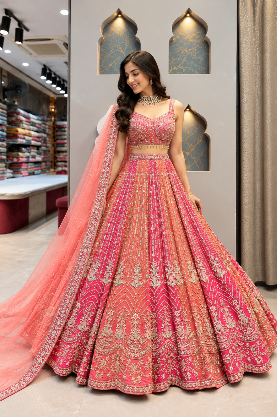 Coral Pink Mirror Work Embroidered Lehenga