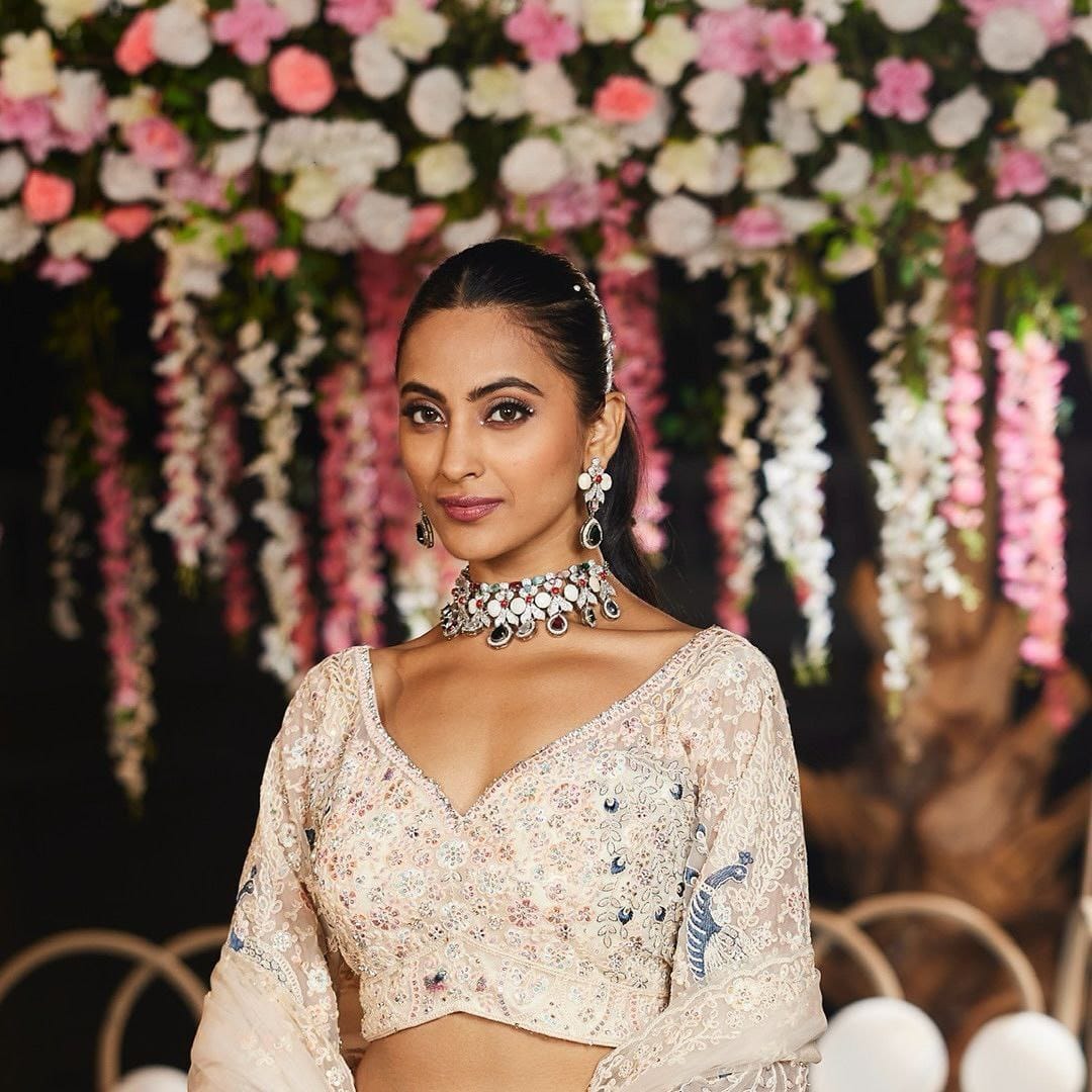 Ivory Butterfly Net Embroidered Lehenga