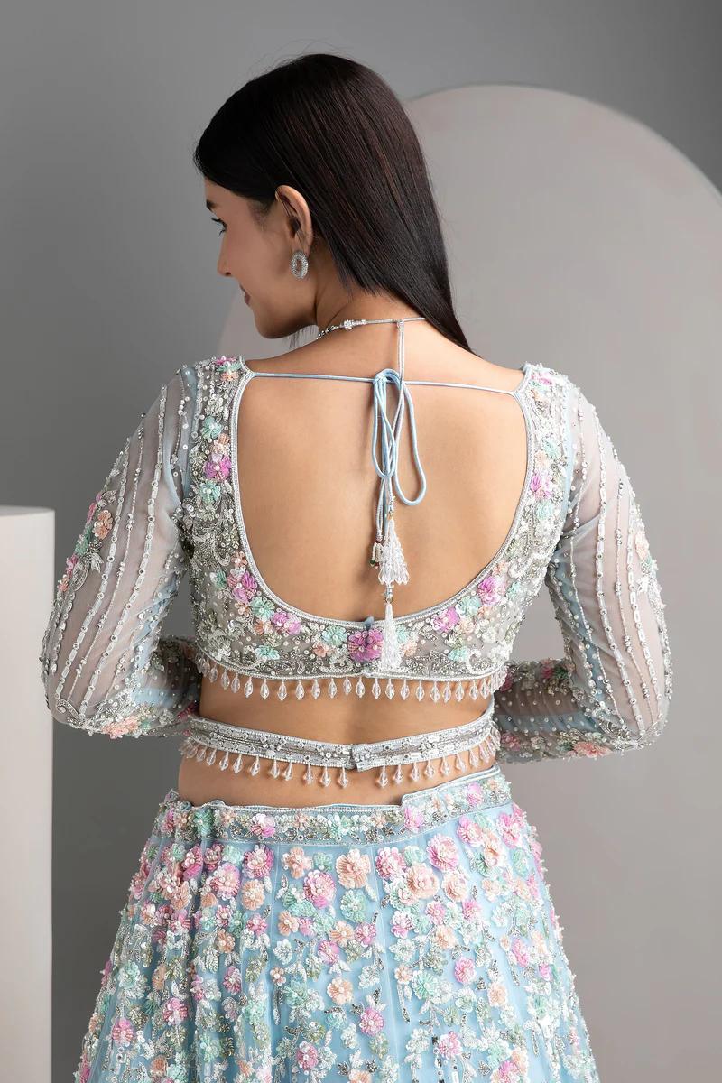Sky Blue Floral Organza Silk Lehenga — photo 2
