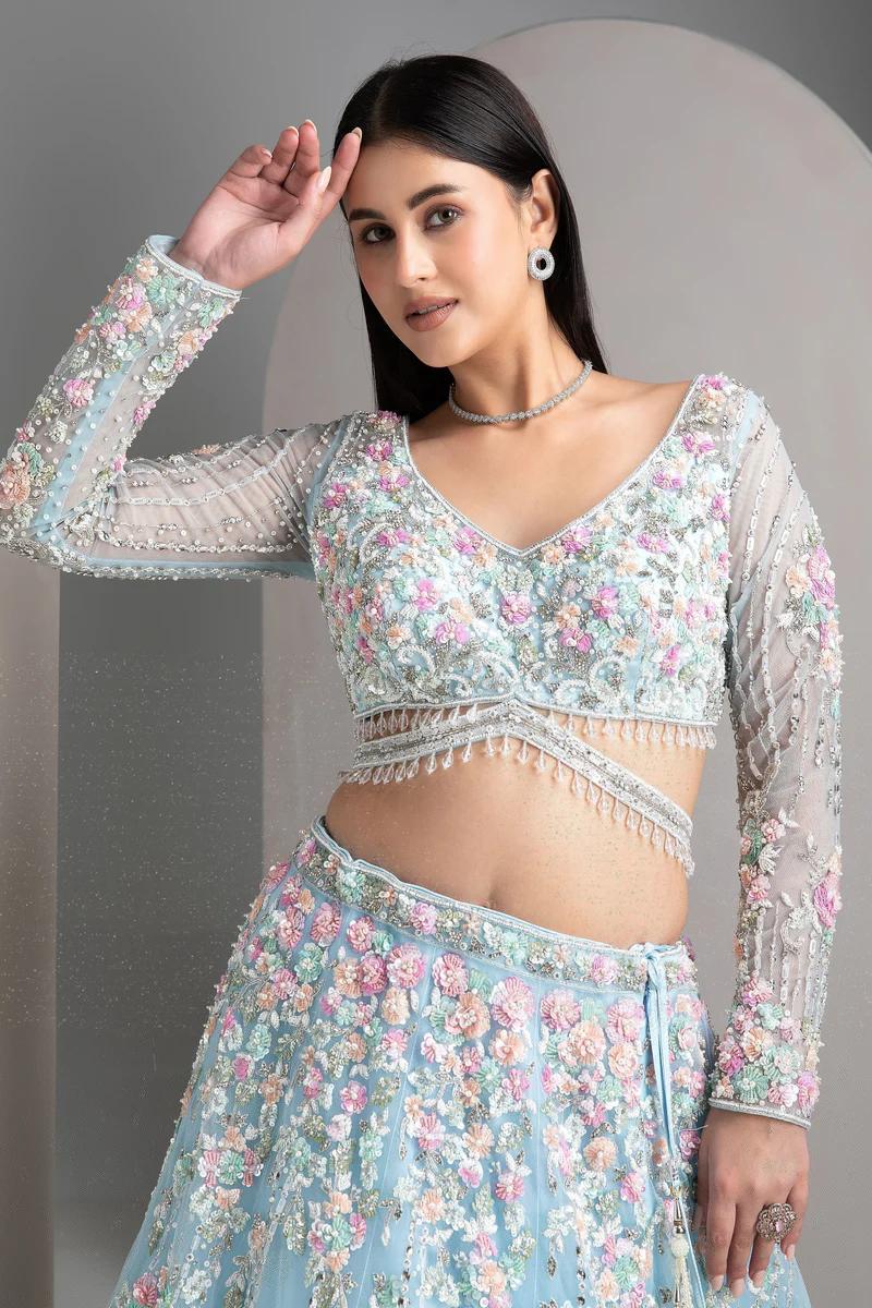 Sky Blue Floral Organza Silk Lehenga — photo 3