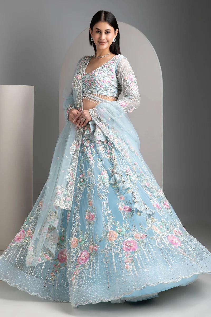 Sky Blue Floral Organza Silk Lehenga — photo 4
