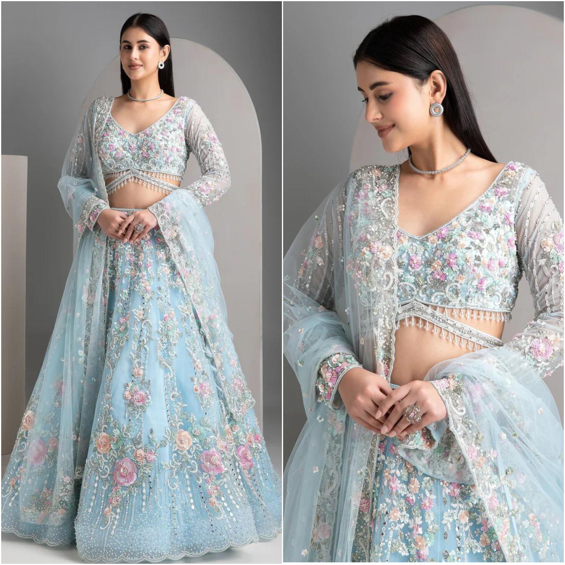 Sky Blue Floral Organza Silk Lehenga — photo 5