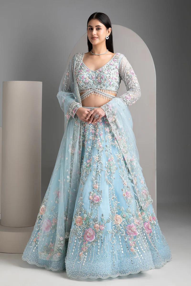 Sky Blue Floral Organza Silk Lehenga