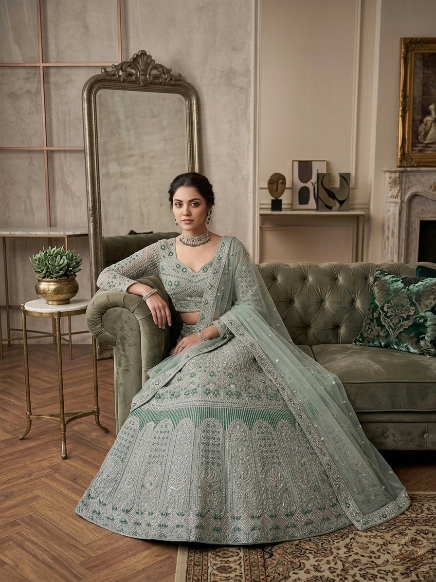Sage Green Embroidered Sequin Lehenga Set — photo 2