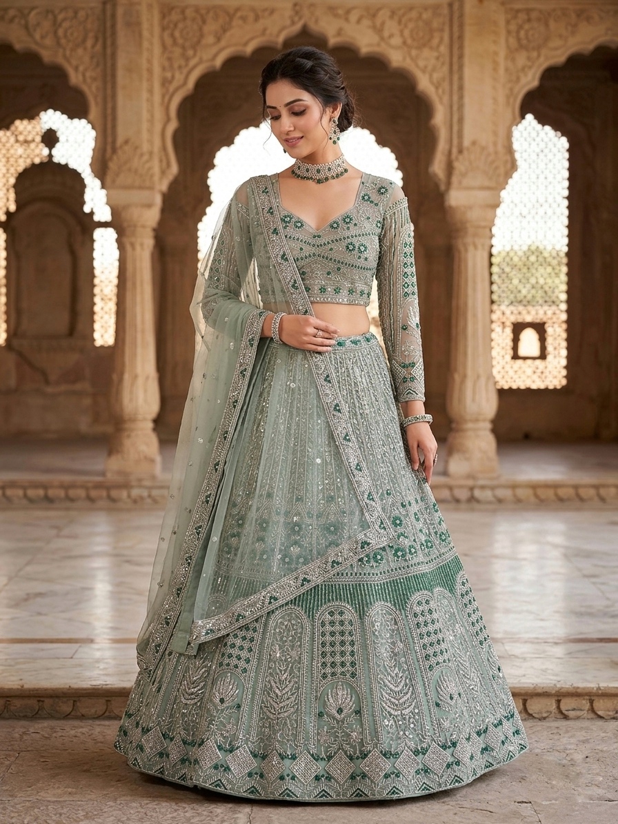 Sage Green Embroidered Sequin Lehenga Set