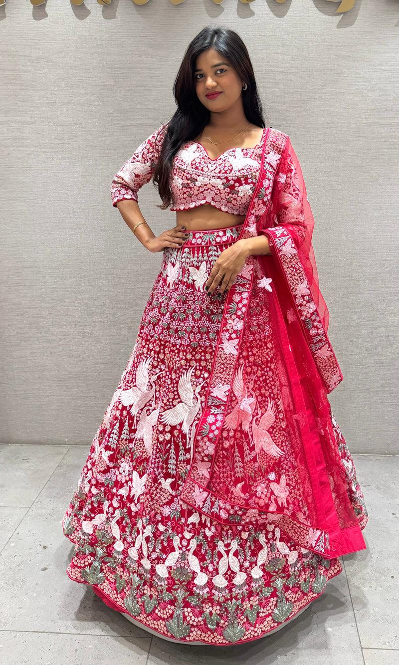 Red Bird Embroidered Lehenga Set