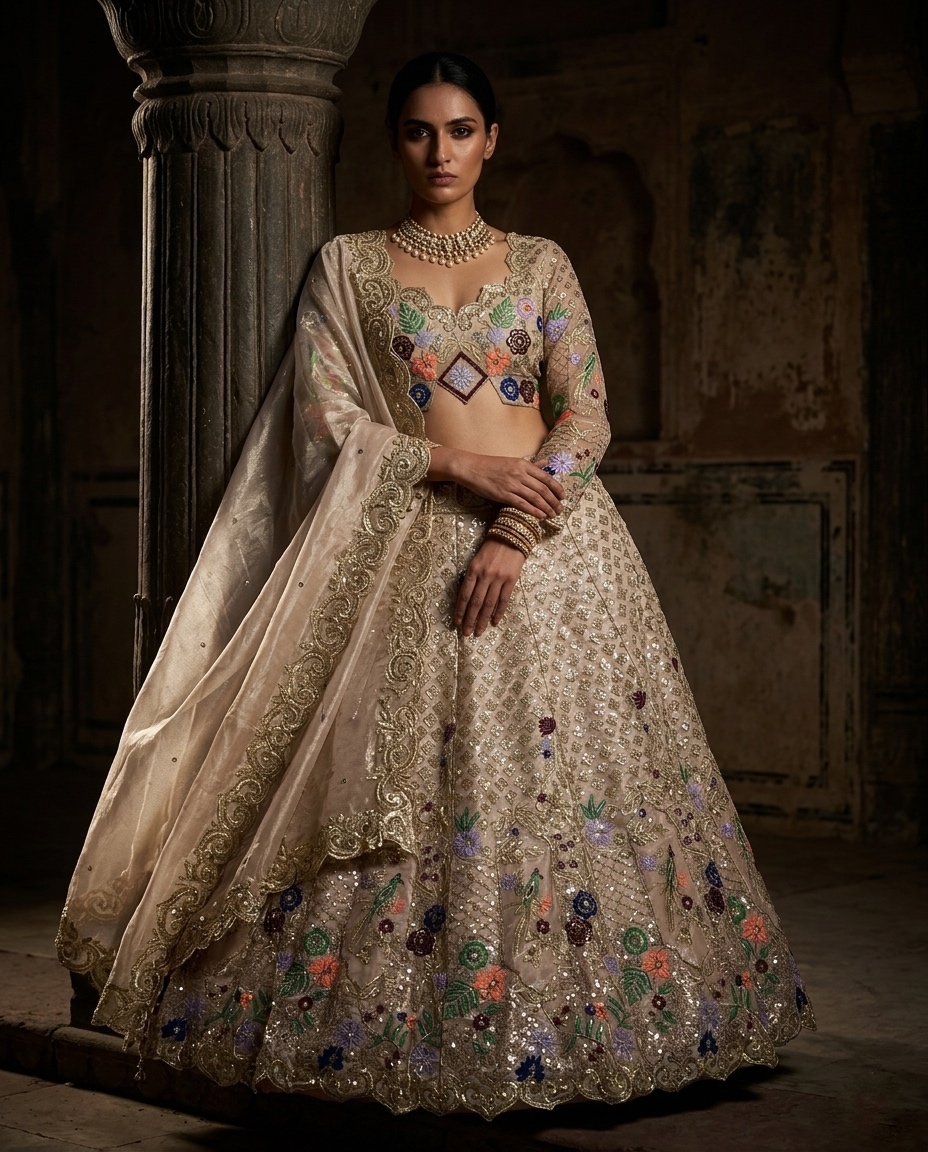 Champagne Gold Floral Embroidered Lehenga Set