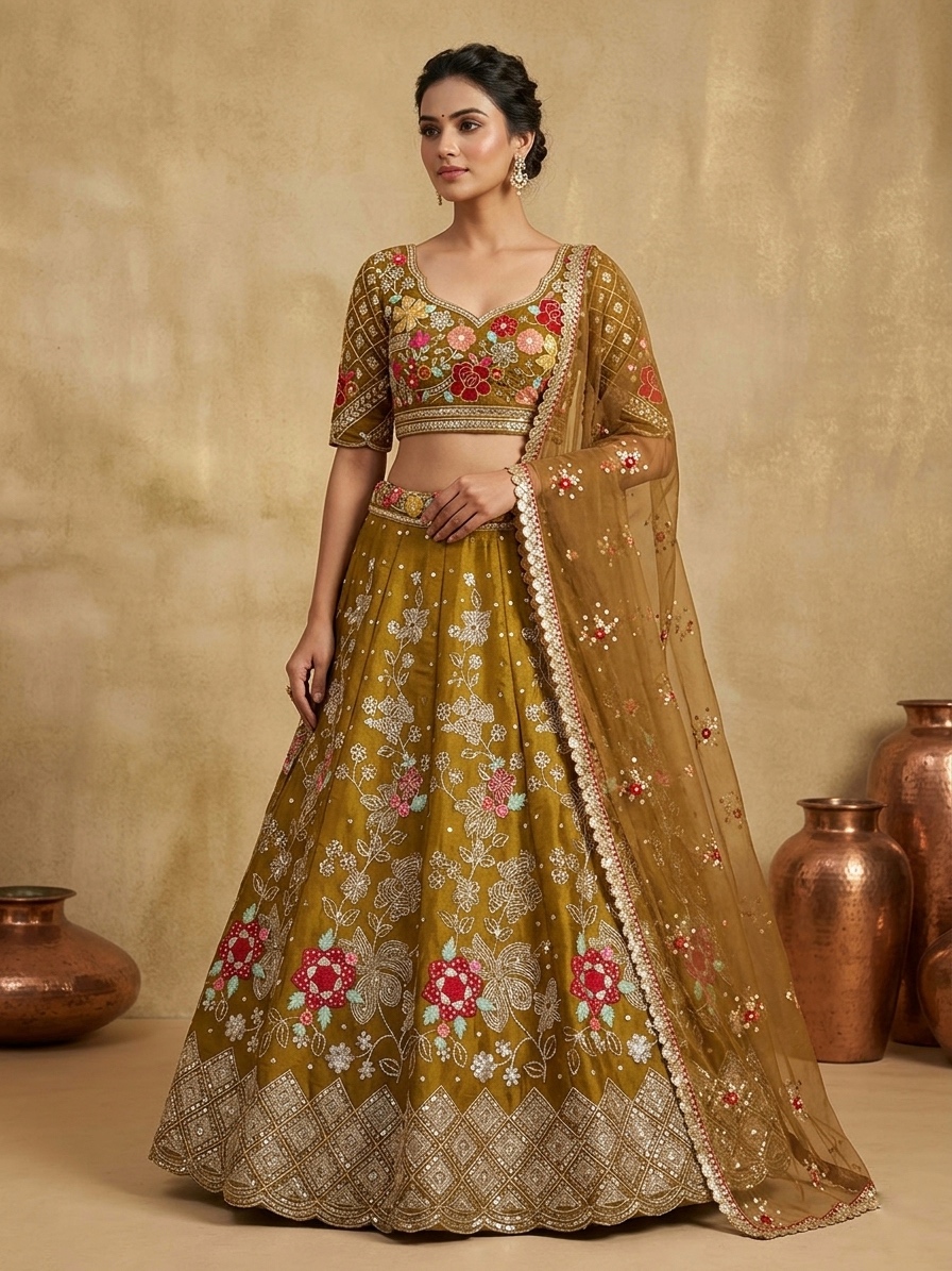 Brown Floral Embroidered Lehenga Set — photo 3