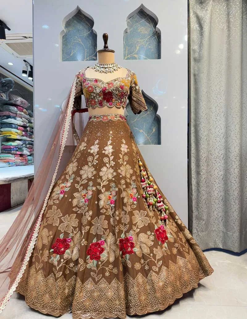 Brown Floral Embroidered Lehenga Set — photo 4