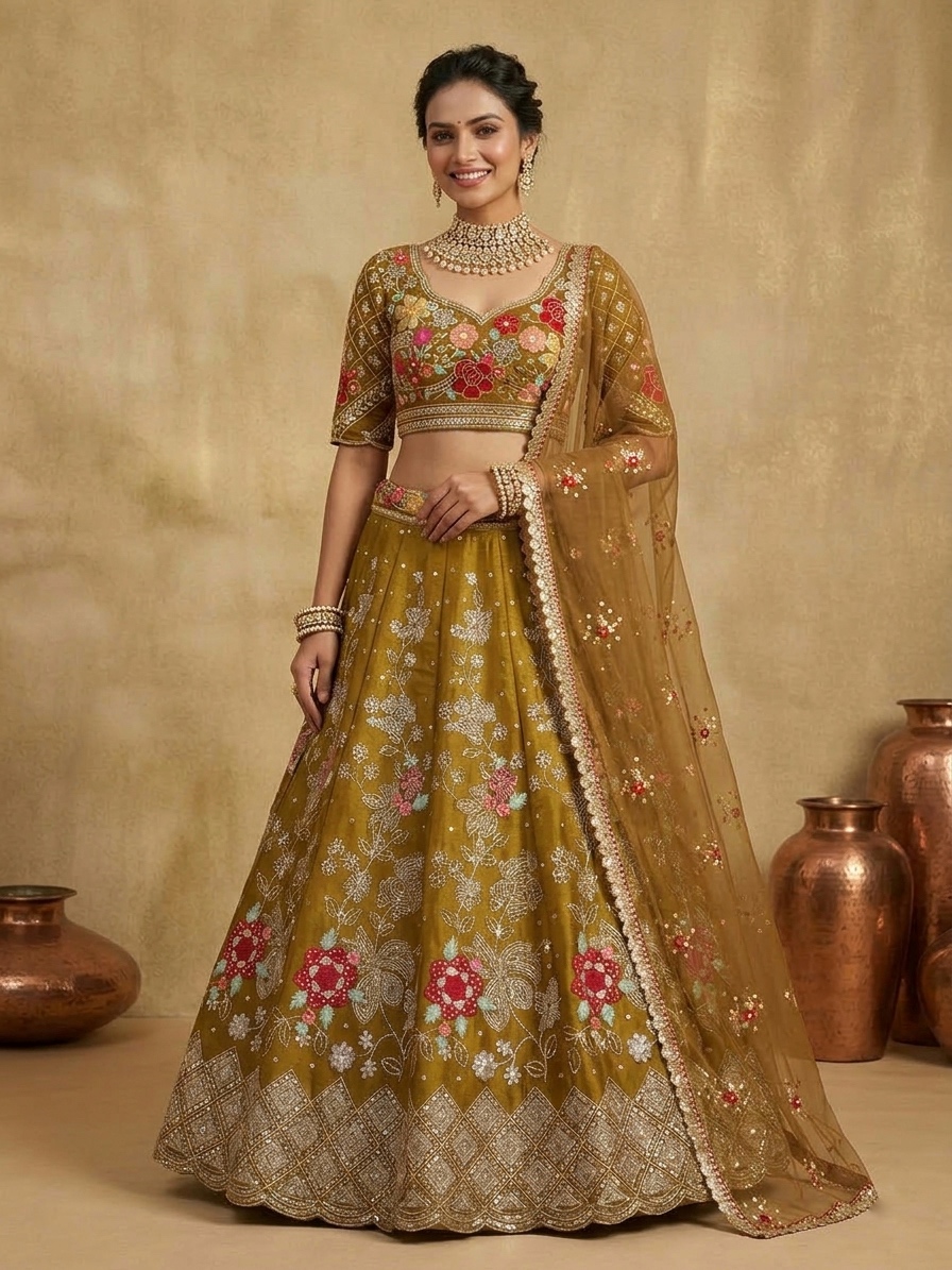 Brown Floral Embroidered Lehenga Set