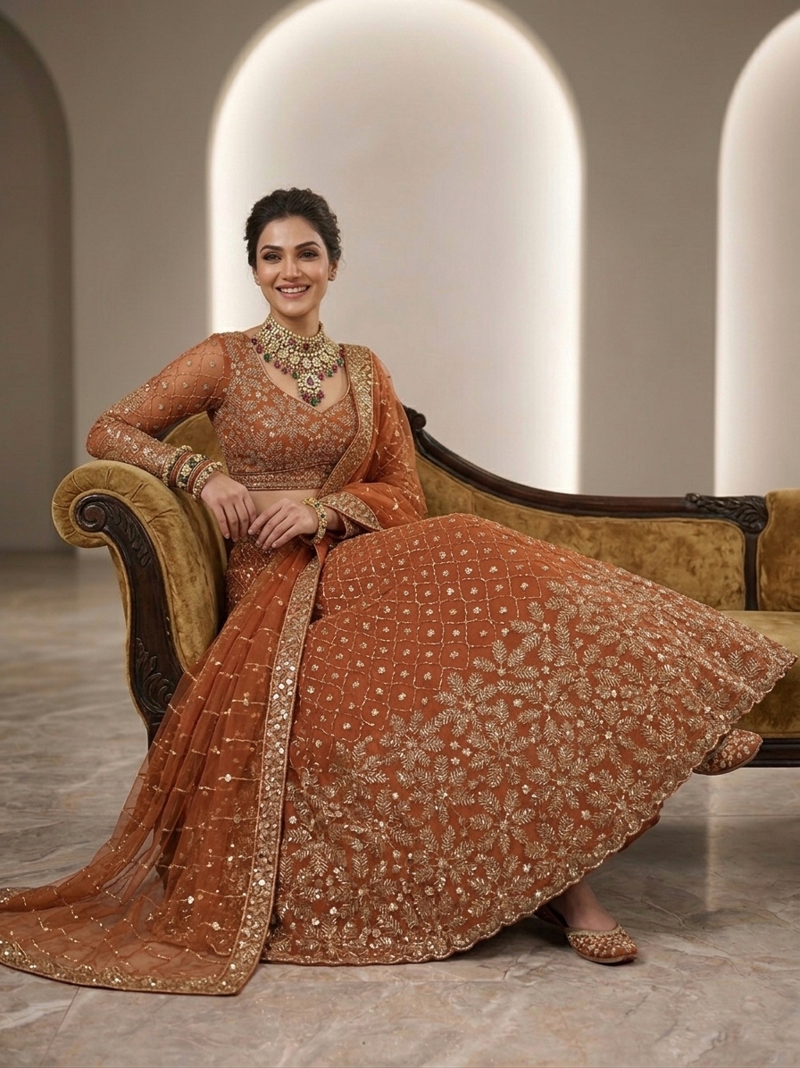 Rust Brown Embroidered Lehenga Set — photo 2