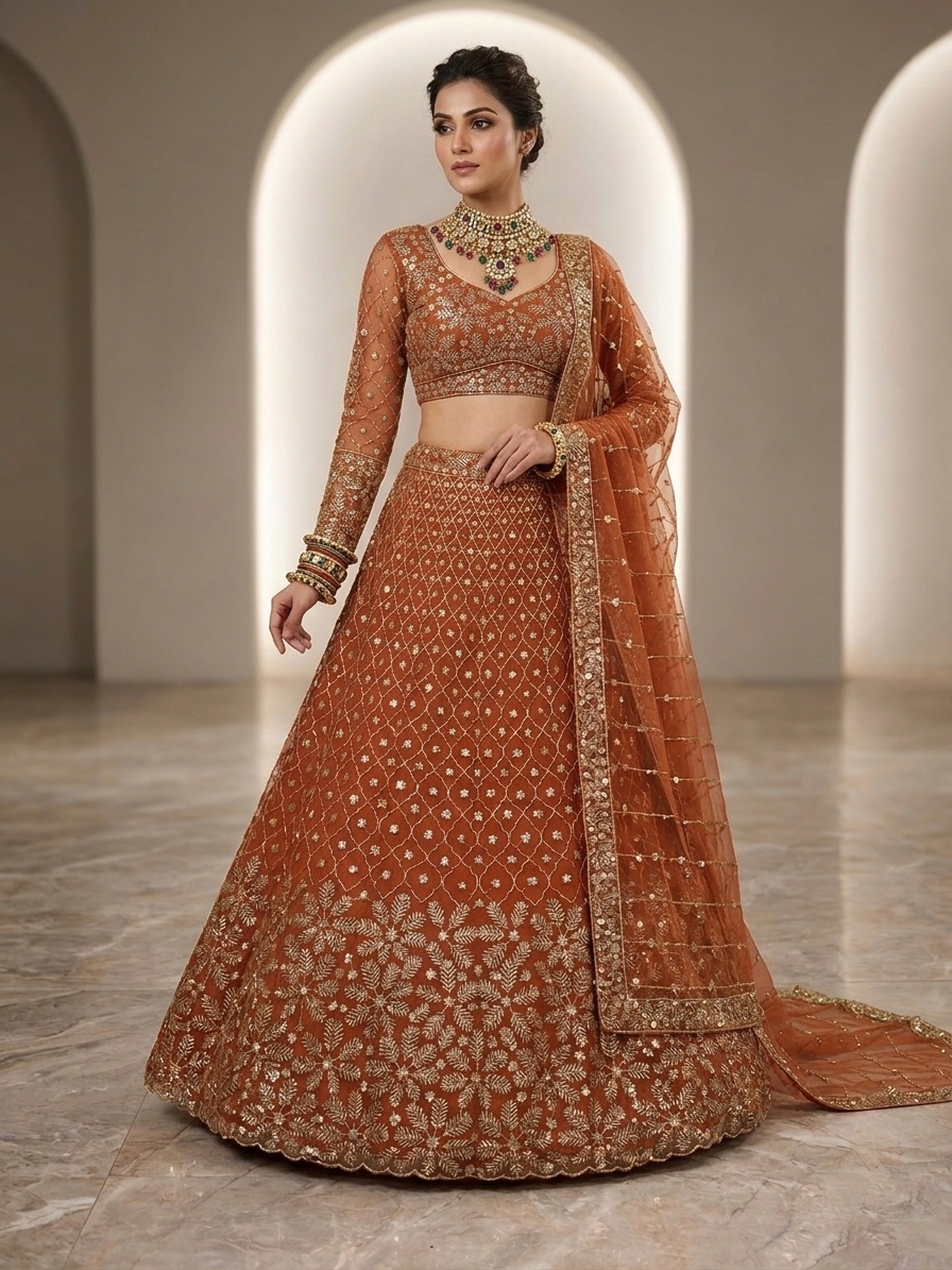 Rust Brown Embroidered Lehenga Set