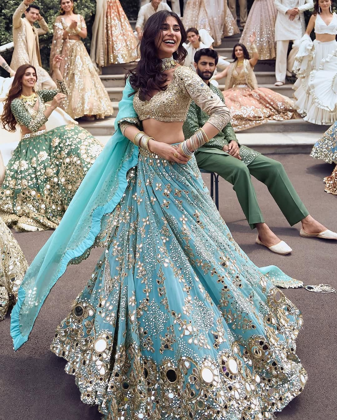 Aqua Blue Mirror Work Lehenga Set