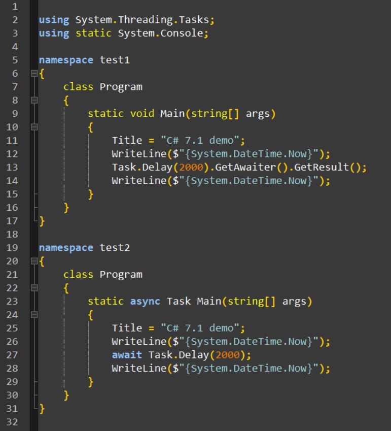 โค้ดเปรียบเทียบระหว่างการทำ async/await ก่อน และ หลัง C# 7.1