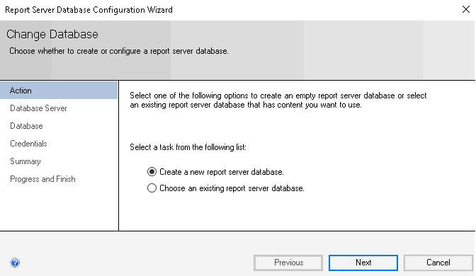 ให้กดไปที่ปุ่ม Change Database จะปรากฏกรอบโต้ตอบ Change Database ตามภาพ จากนั้นให้เลือก Create a new report server database ทำการกำหนด Instance ของ Database Engine ที่จะใช้จัดเก็บ Database ของ Report Server ชื่อ Database ของ Report Server ที่จะถูกสร้างขึ้น Credential ที่ใช้เข้าถึง Report Server