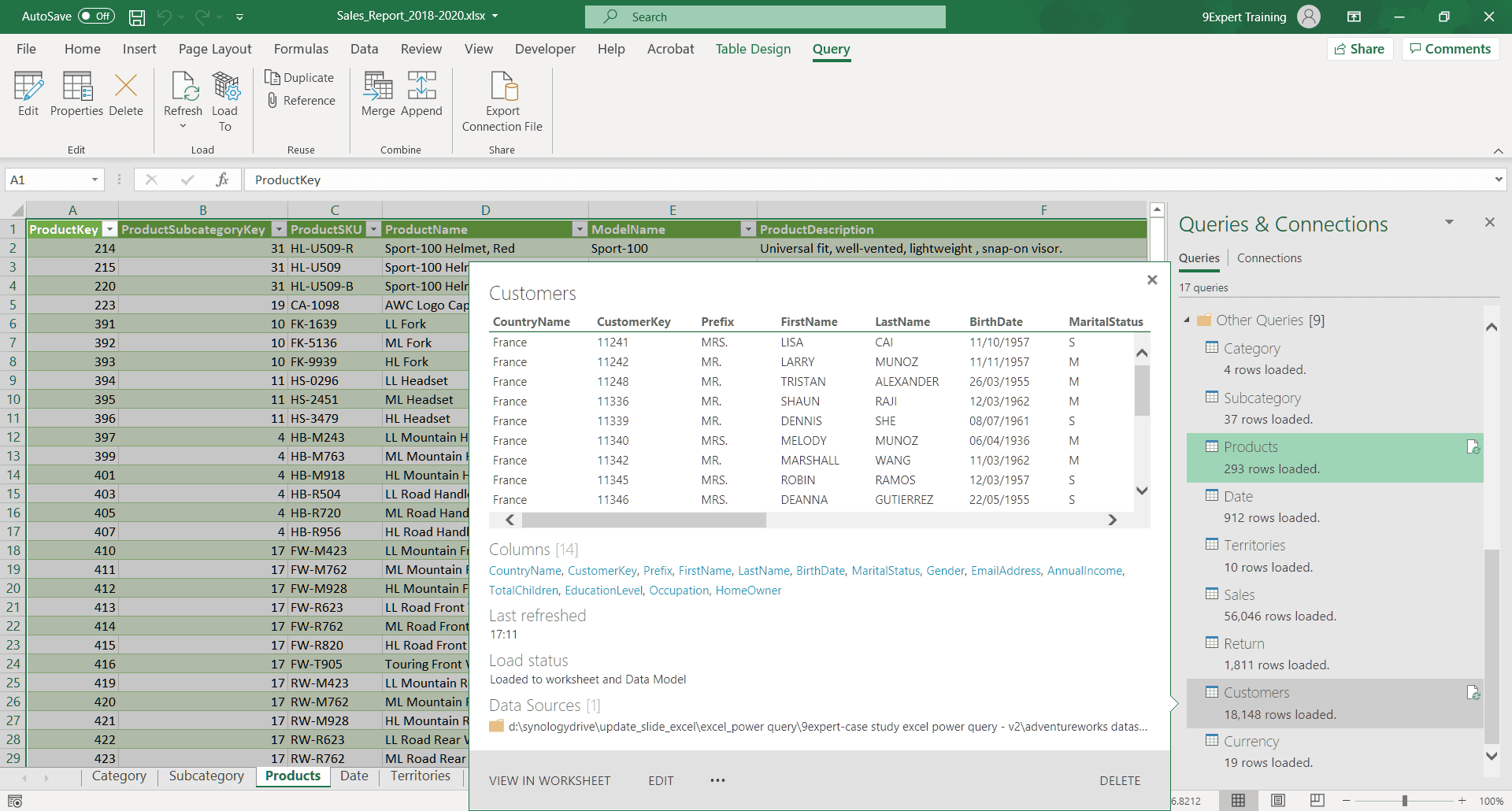 หน้าต่างแสดง Queries & Connections ที่มีรายละเอียด Queries ที่ Get Data ผ่าน Power Query พร้อมแสดงเมนู Data ที่มีคำสั่ง Get Data