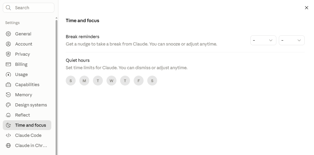 การตั้งค่าโหมด Time and focus ที่มีโหมด Break reminders และ Quiet hours