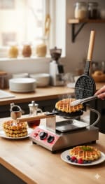 Electric Round Rotating Waffler Maker with Long Wooden Handle — view 4