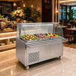 Premium Electric COLD Bain Marie Ready Counters with LED Light - Acrylic Sliding Door | Cold Inner Cabinets with Inbuilt Compressor & Exhauster | 4 Wheels (2 With & 2 Without Brakes) | Wooden Packing for Glass | (GN Pans of 1/1 150mm) — view 1