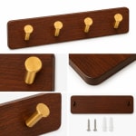 Wooden Wall Mountable Cloth Hanger - Brown with 4 Gold Hooks — view 3