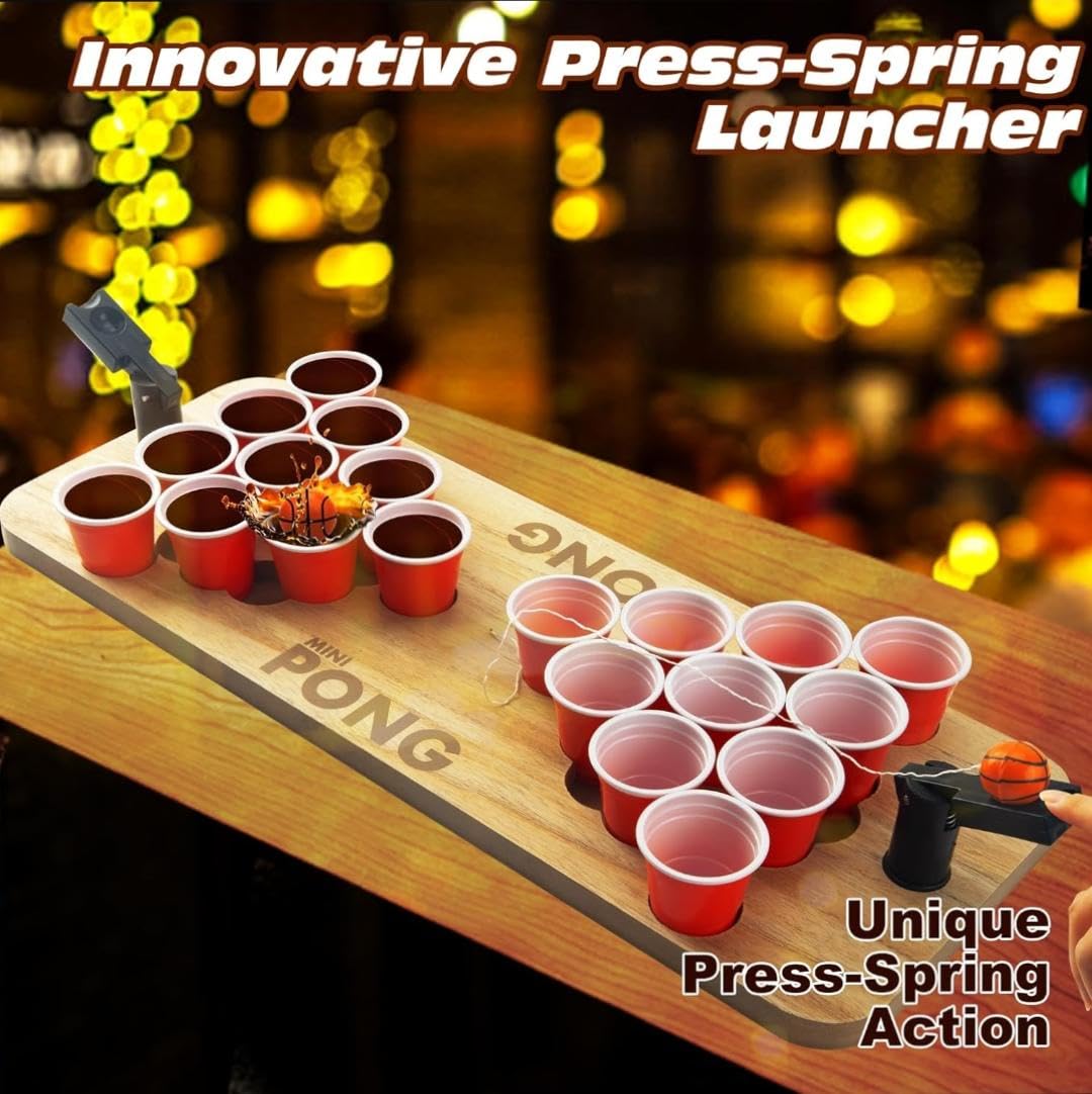 Wooden Mini Beer Pong Game Set (20 Small Cups & 2 Catapult Ball Launchers) — view 5