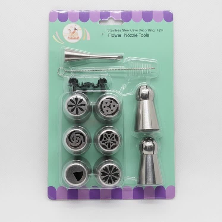 SS Russian/Balloon/V-Shaped Assorted Nozzle 13pc with Nozzle Cleaning Brush - YG19