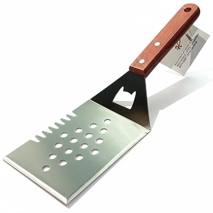 Wooden Flat Handle SS Rectangle Lifter + Scrapper with Side Teeth 19x10cm
