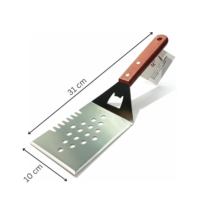 Wooden Flat Handle SS Rectangle Lifter + Scraper with Side Teeth 19x10cm — view 2