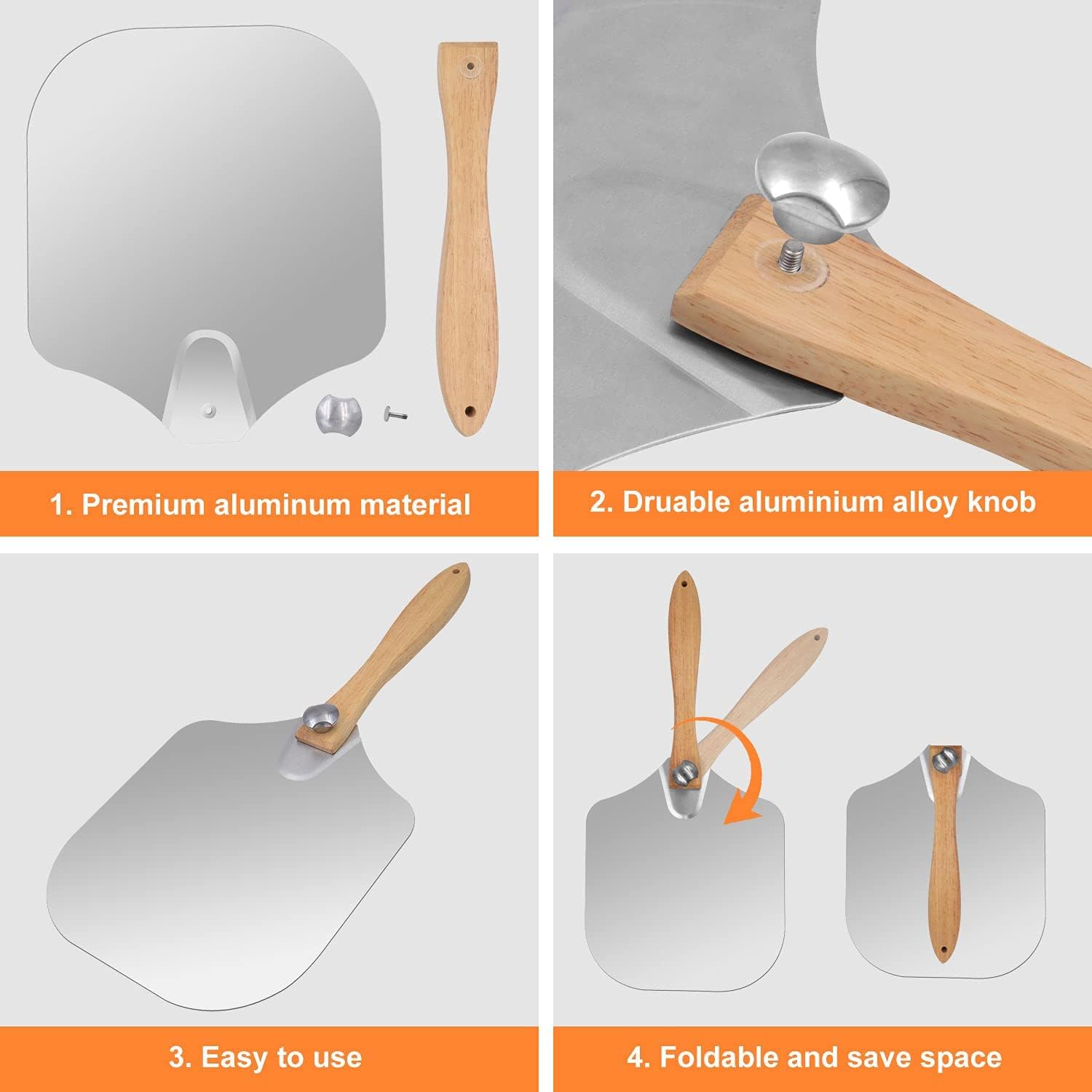 Wooden Flat Foldable + Curved Handle SS Pizza Lifter 36x31cm — view 5