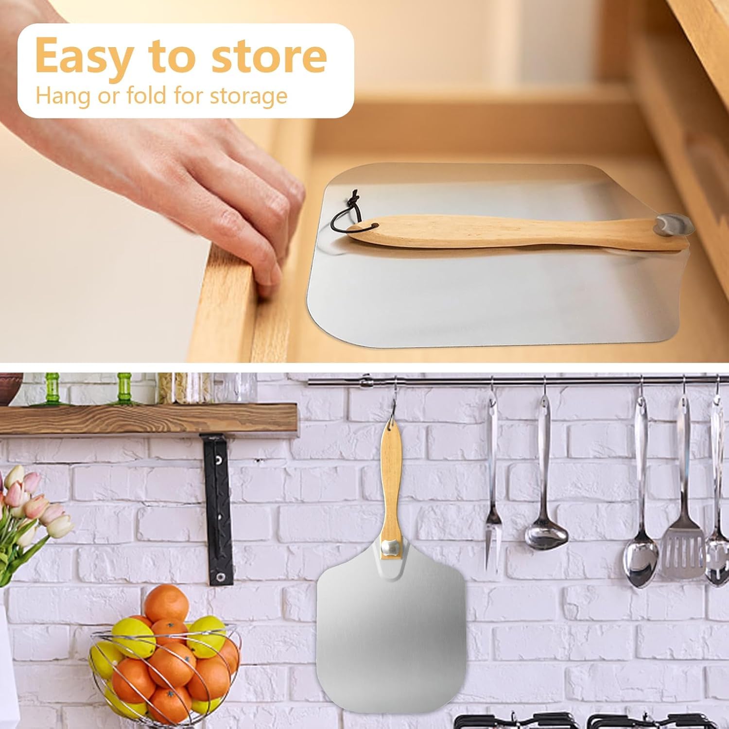 Wooden Flat Foldable + Curved Handle SS Pizza Lifter 36x31cm — view 6