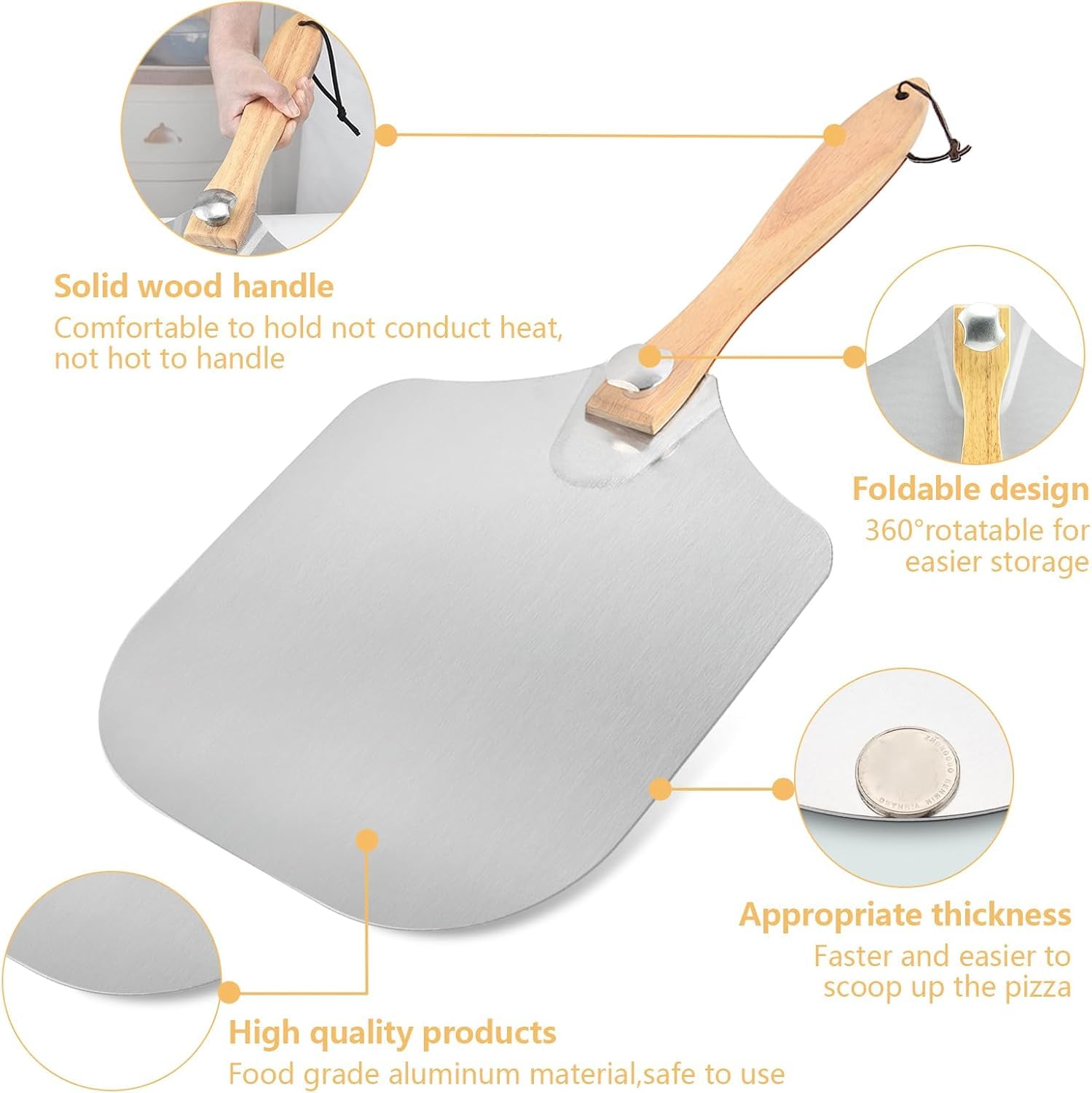 Wooden Flat Foldable + Curved Handle SS Pizza Lifter 36x31cm — view 8