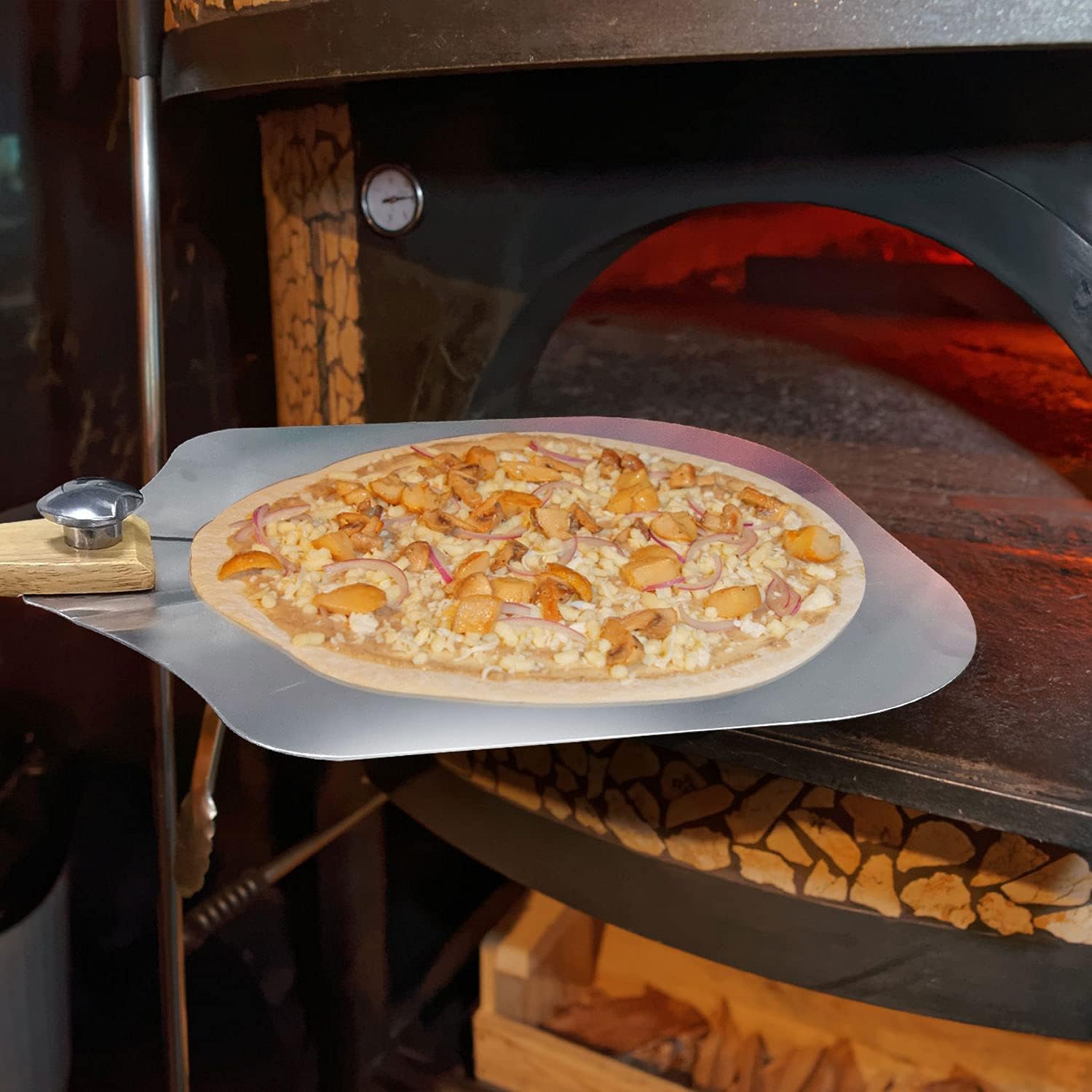 Wooden Flat Foldable + Curved Handle SS Pizza Lifter 36x31cm — view 9