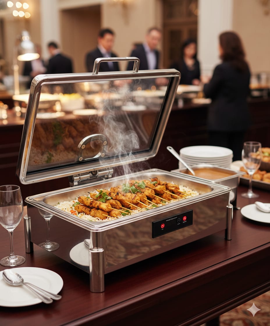 Premium Digital Chafing Dish Rectangle 9L Silver with Inbuilt Heater + Transparent Lid + Hydraulic Soft Close (1 GN Pans of 1/1 65mm) — view 3