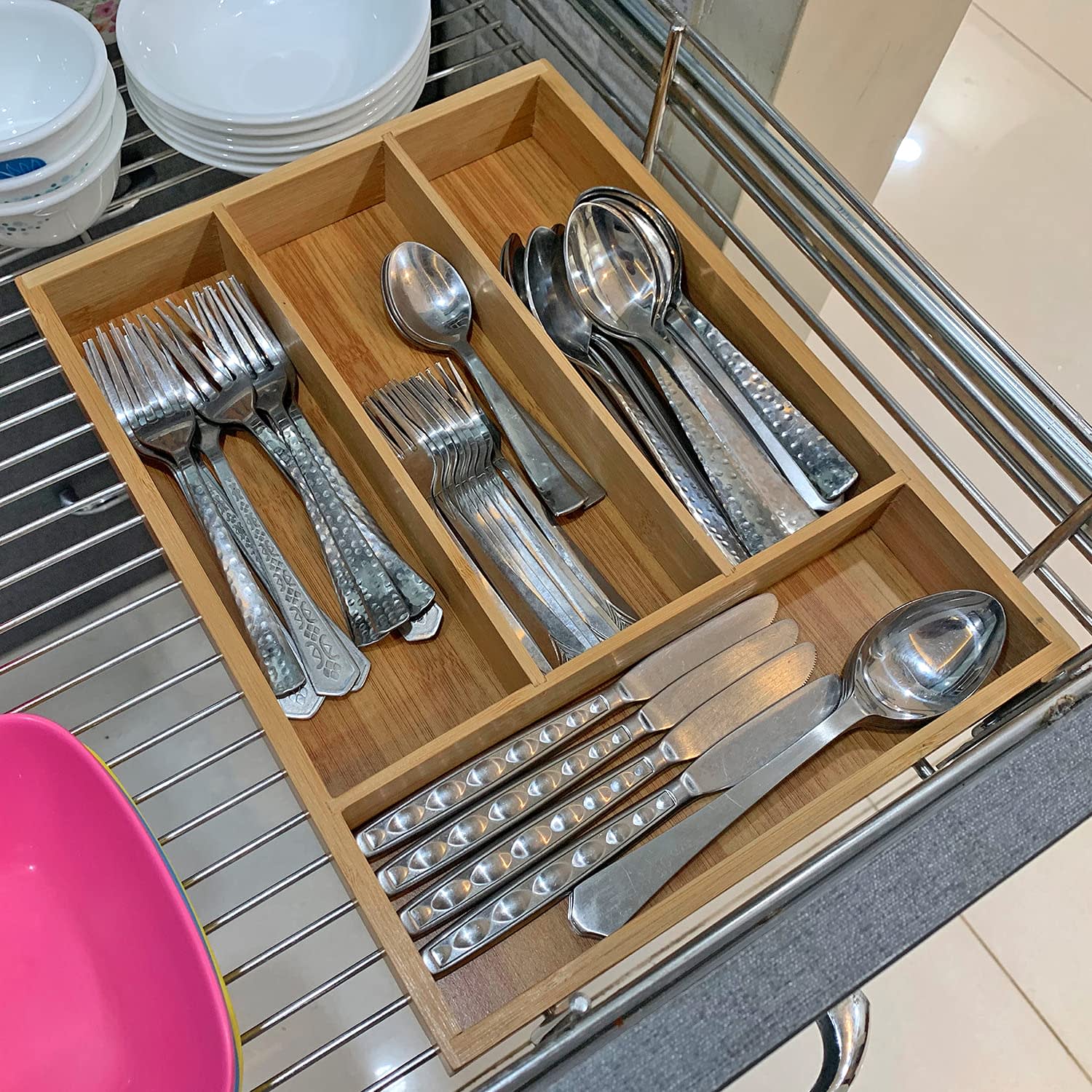 Wooden Rectangle Cutlery Holder Rack 4 Compartments — view 6