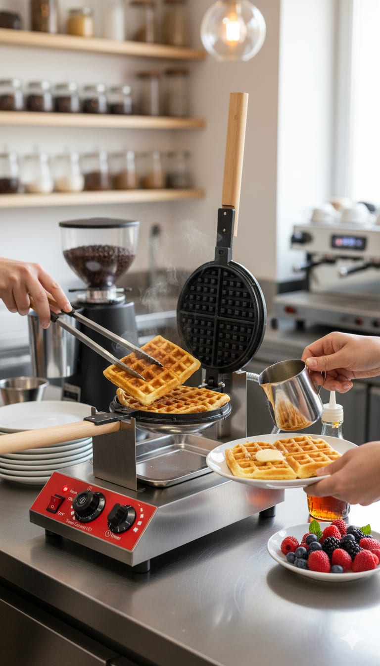 Electric Round Rotating Waffler Maker with Long Wooden Handle — view 3