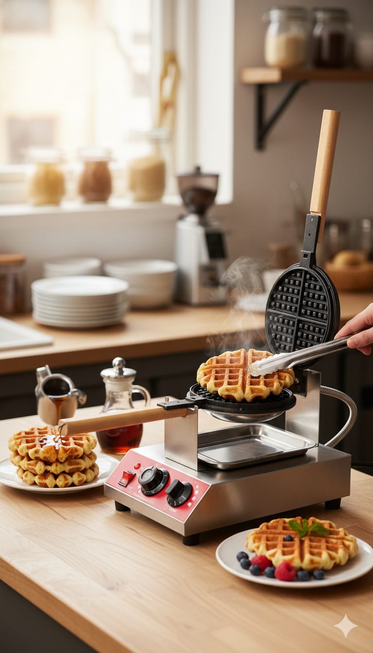 Electric Round Rotating Waffler Maker with Long Wooden Handle — view 4