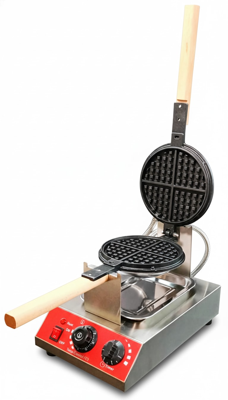Electric Round Rotating Waffler Maker with Long Wooden Handle — view 6