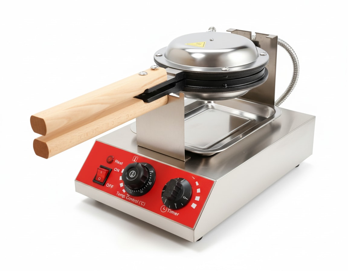 Electric Round Rotating Waffler Maker with Long Wooden Handle — view 7
