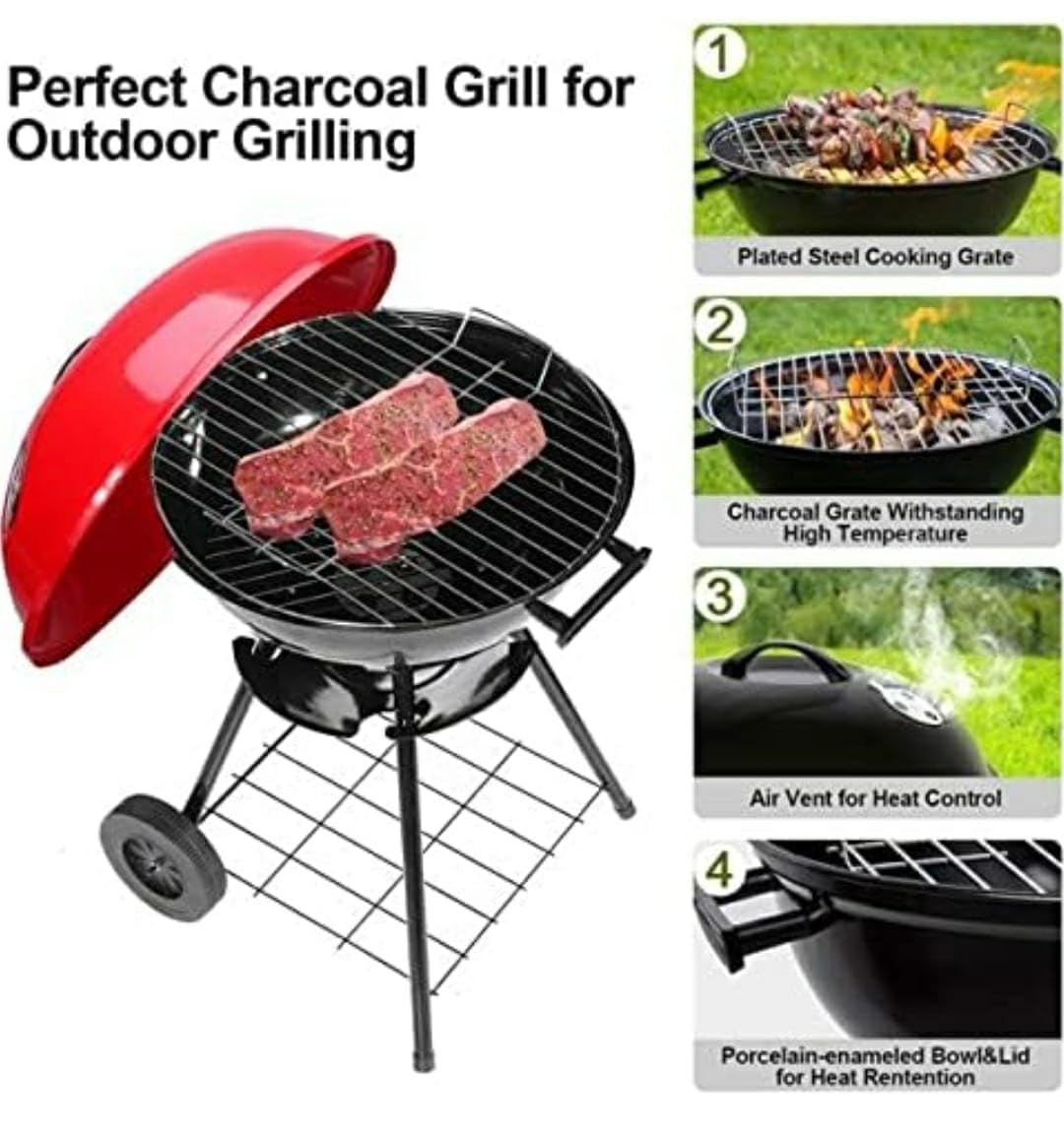 MS Red Top Round Barbeque Grill with Stand & Wheels (Grill Area: 43cm Diameter - Big) — view 4