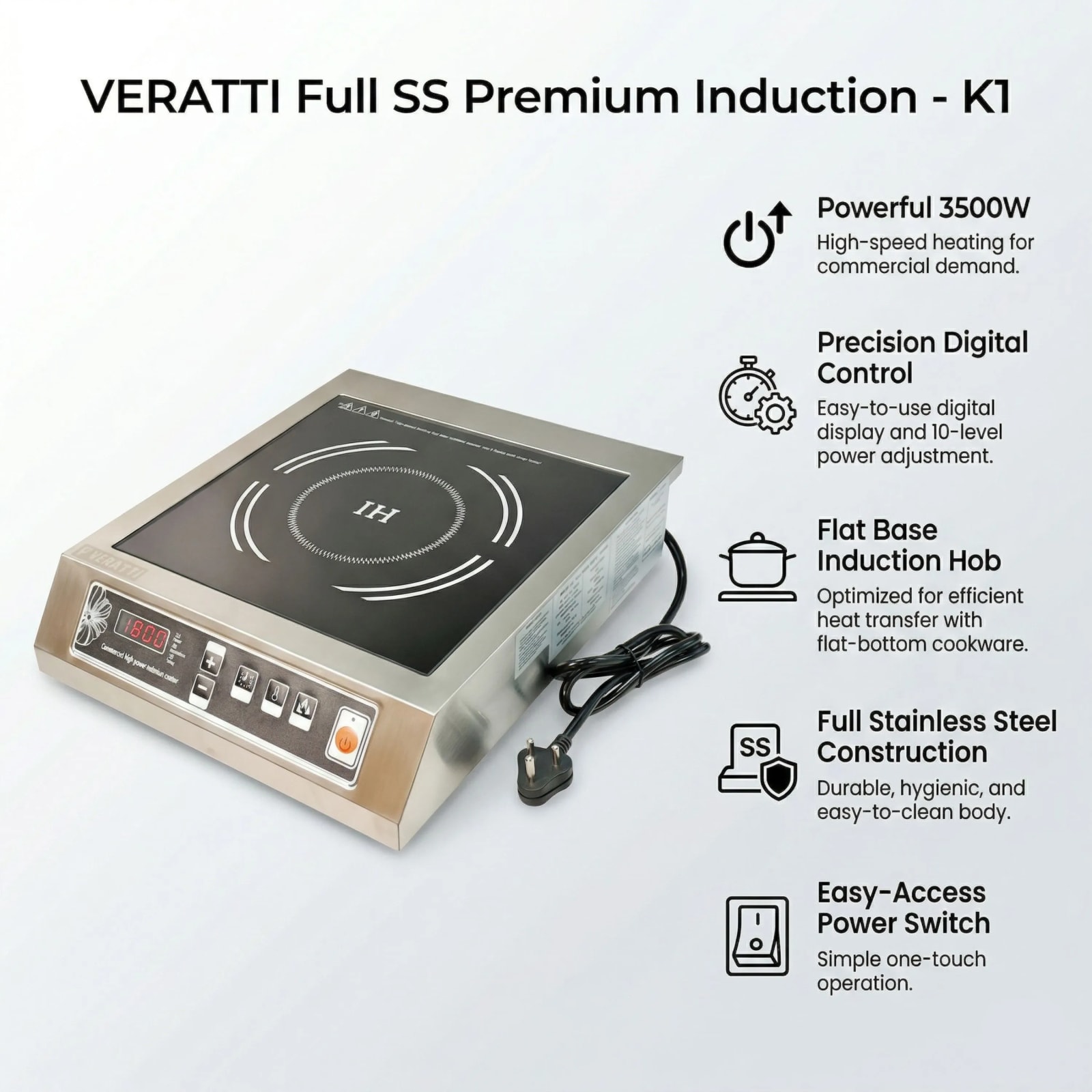 Veratti Full SS Premium Induction - K1 | 3500W | Square | Flat Base | Switch Model — view 5