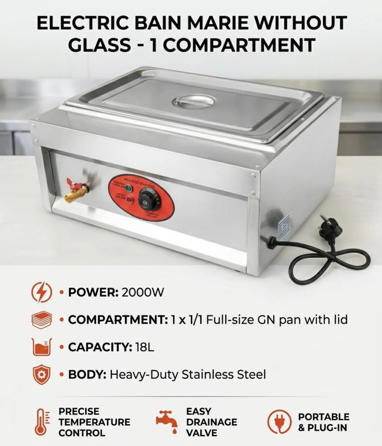 Electric Bain Marie without Glass - 1 Compartment (1 GN Pan of 1/1 150mm ~ 18L/Pan) — view 3