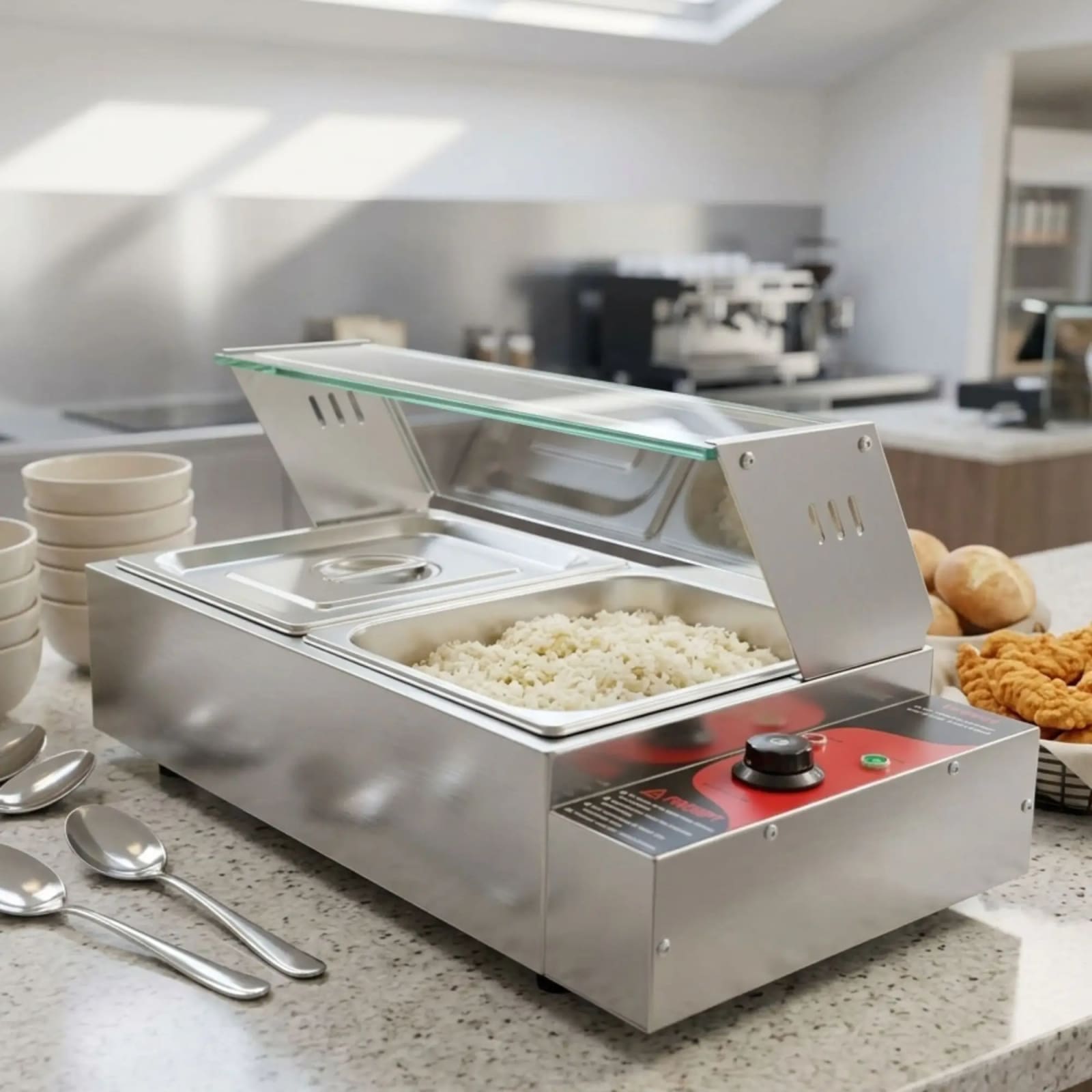 Electric Bain Marie with Glass - 2 Compartments (2 GN Pans of 1/2 100mm ~ 5.5L/Pan)