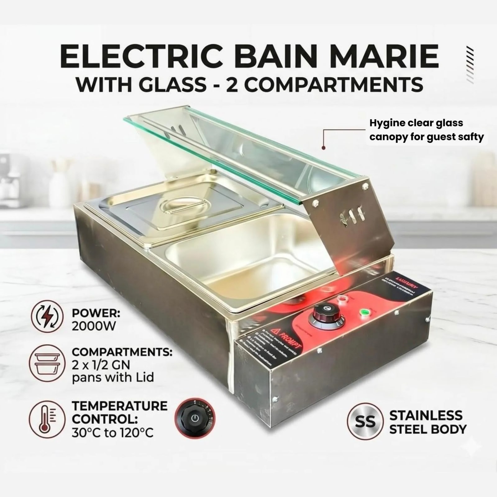 Electric Bain Marie with Glass - 2 Compartments (2 GN Pans of 1/2 100mm ~ 5.5L/Pan) — view 3