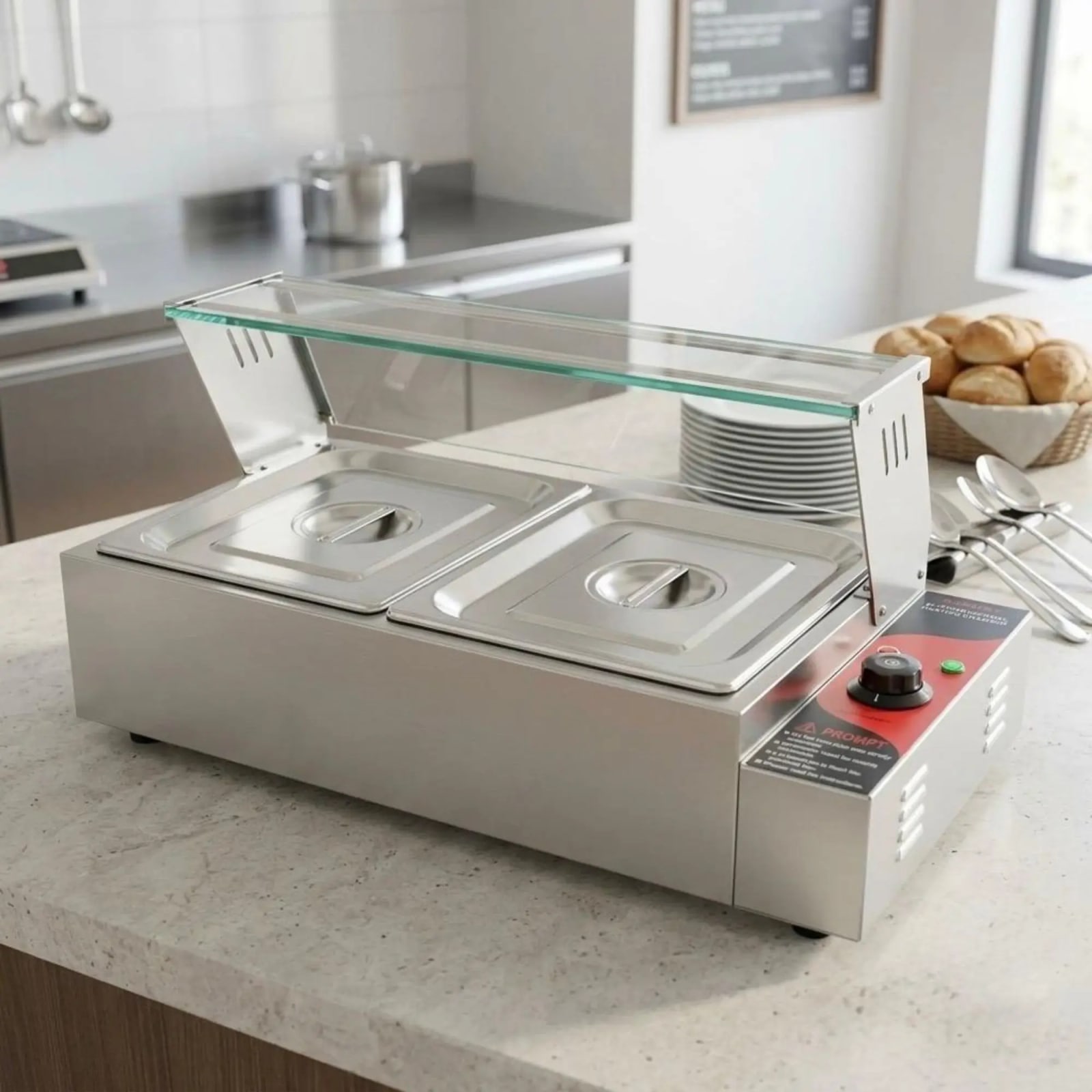 Electric Bain Marie with Glass - 2 Compartments (2 GN Pans of 1/2 100mm ~ 5.5L/Pan) — view 6