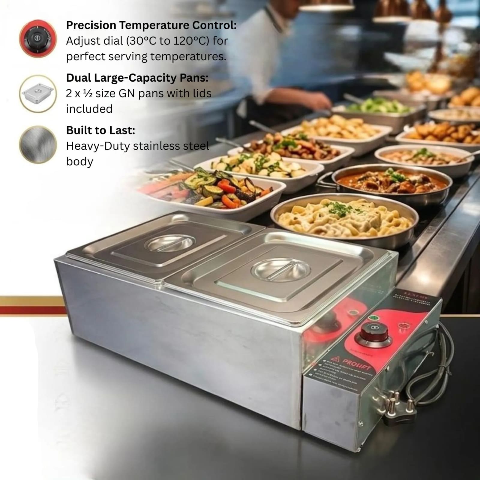 Electric Bain Marie without Glass - 2 Compartments (2 GN Pans of 1/2 150mm ~ 8.5L/Pan) — view 2